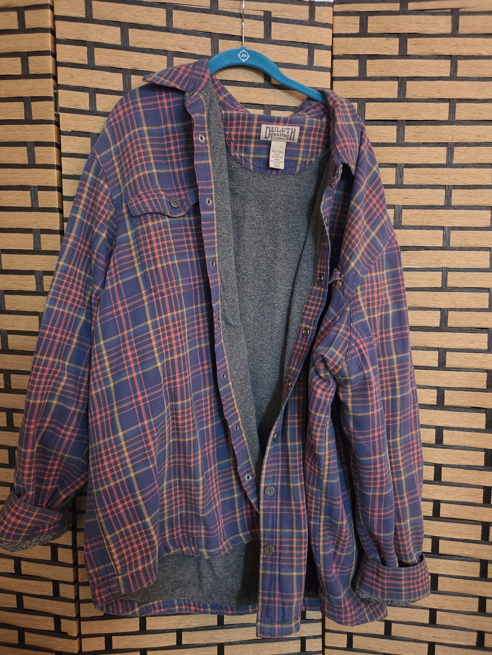 Duluth Trading Co Navy Plaid Flannel Shirt Jacket with Red & Gold Accents